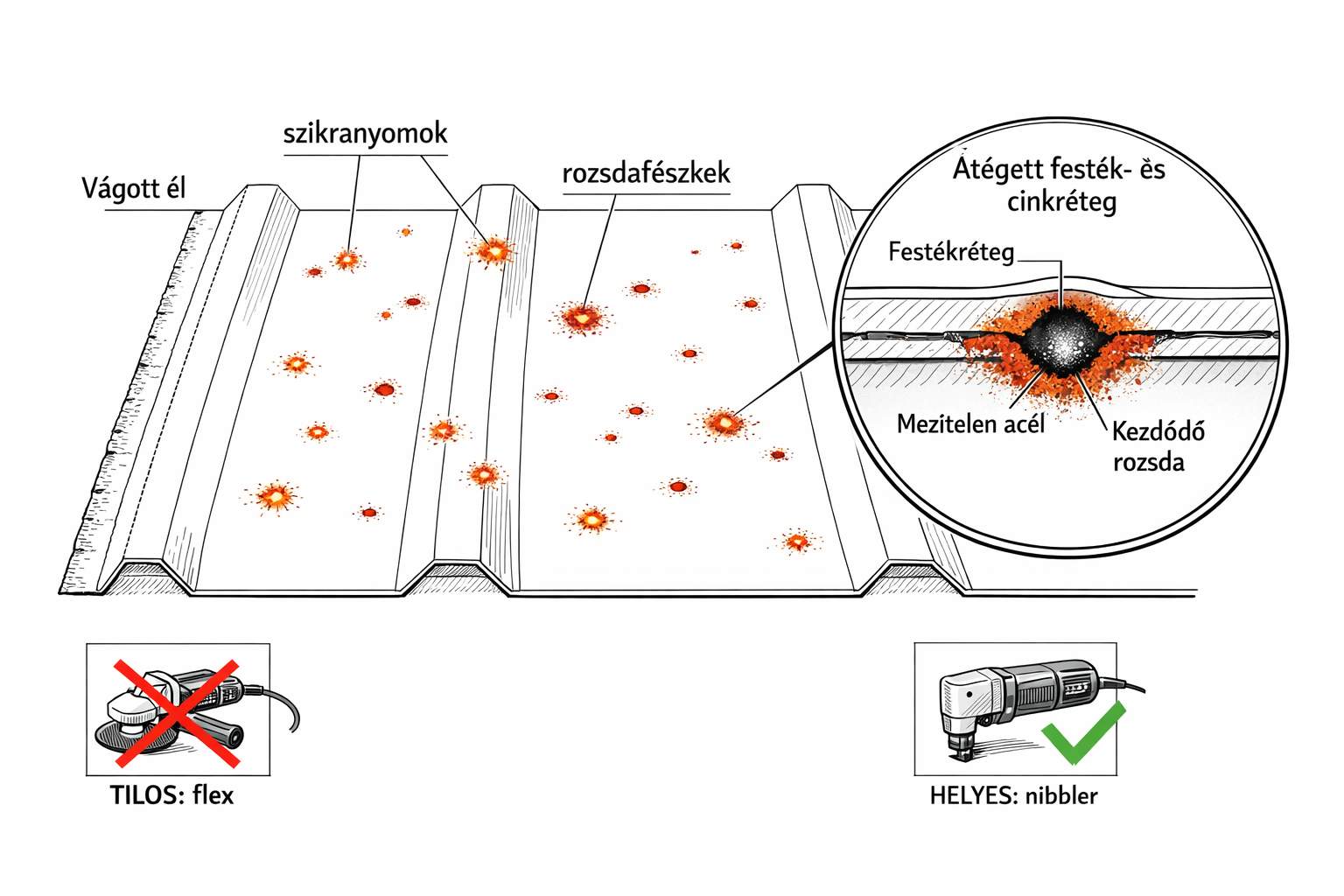Cutting corrugated sheet with an angle grinder is forbidden - sparks cause rust nests, the nibbler is the right solution