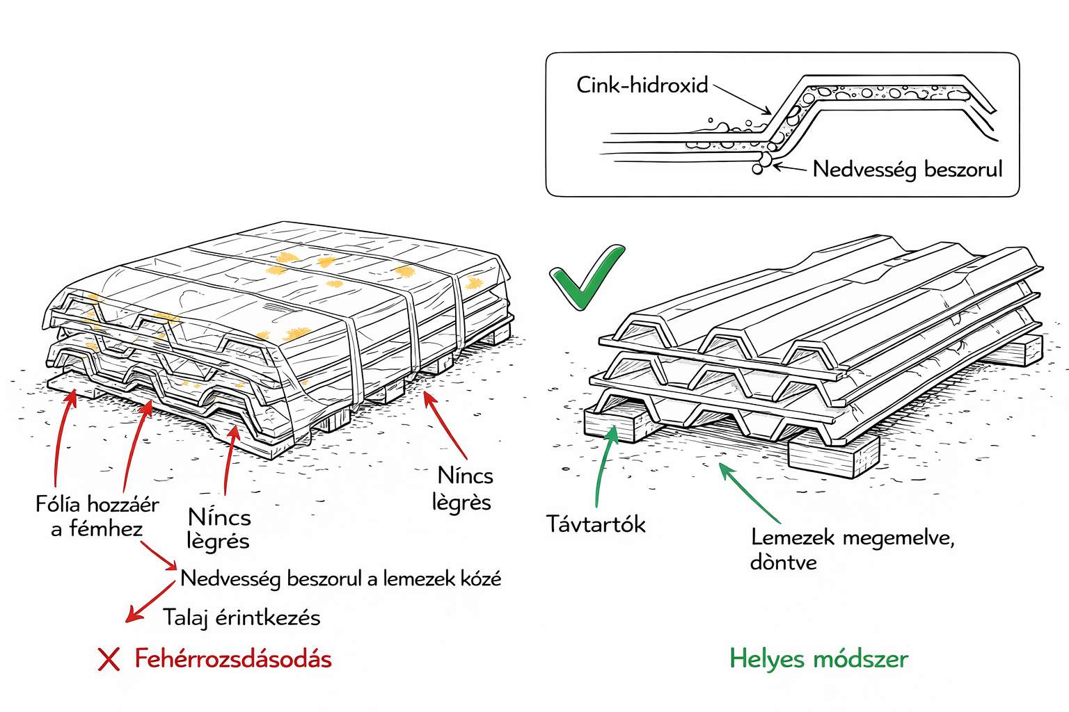 Correct corrugated sheet storage with spacers, tilted, vs incorrect storage with white rust