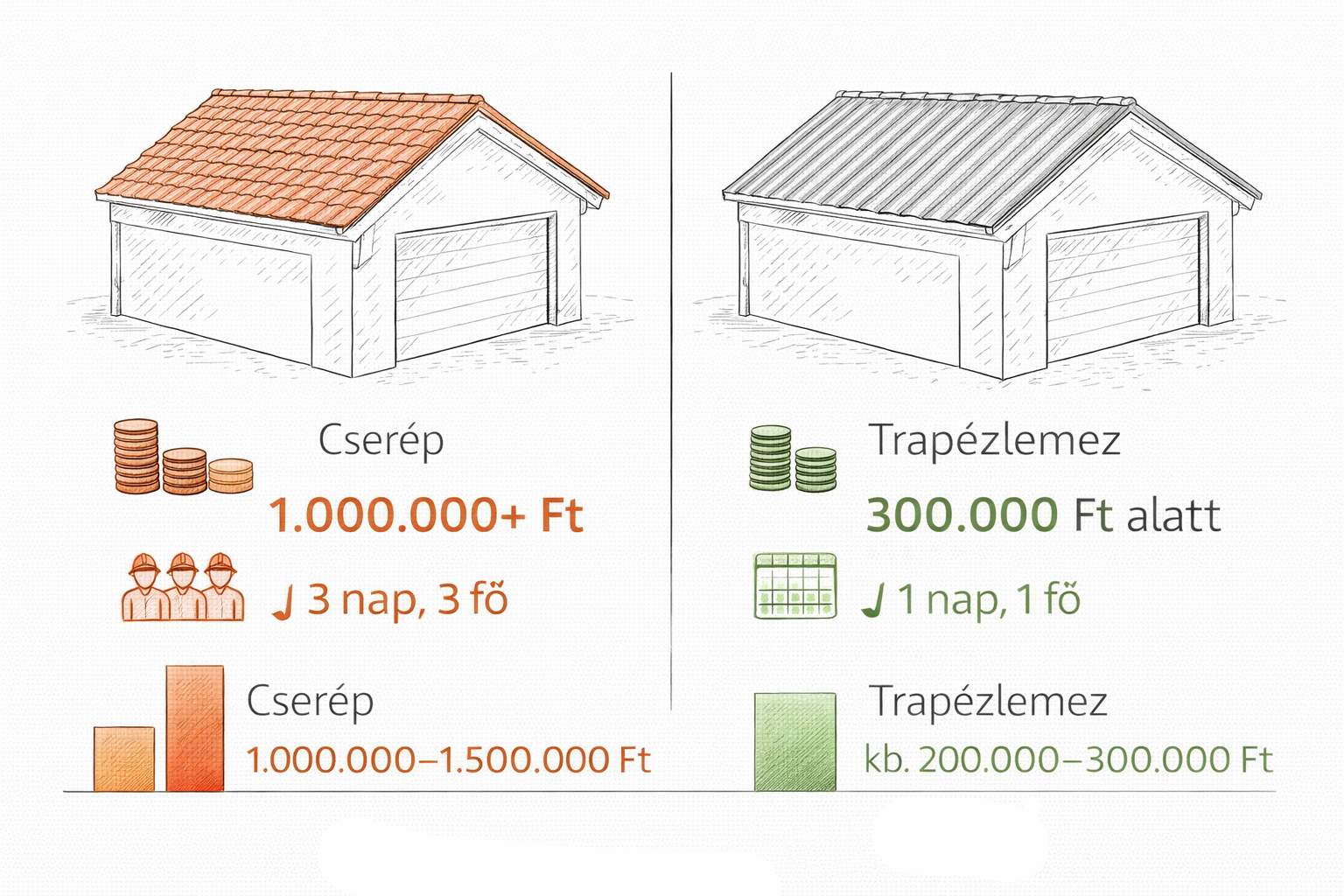 Cost comparison of corrugated sheet and tile roof - corrugated sheet 200-300 thousand Ft, tile 1-1.5 million Ft